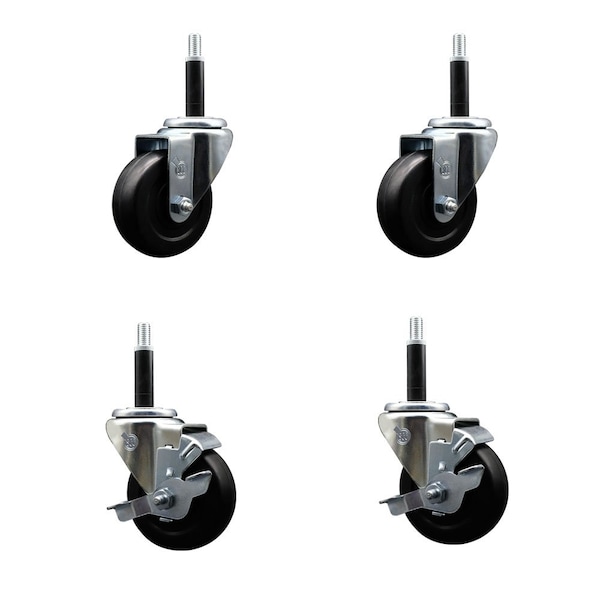 3.5'' Soft Rubber Wheel Swivel 3/4'' Expanding Stem Caster Set 2 Brakes, 4PK